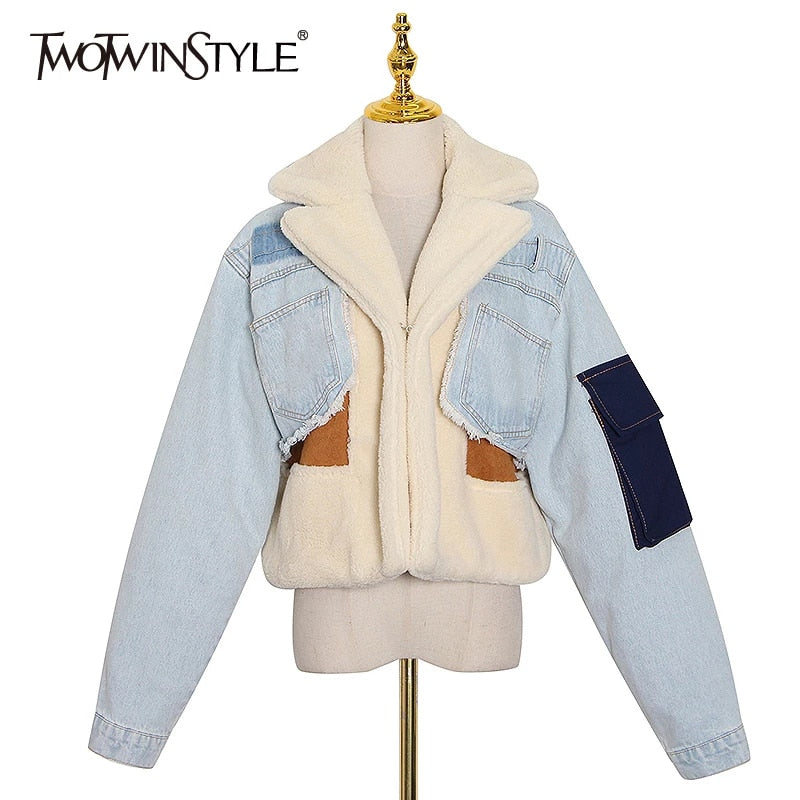 TWOTWINSTYLE Patchowrk Lambswool Denim Jacket For Women Lapel Long Sleeve Tassel Casual Coat Female 2022 Winter Fashion New