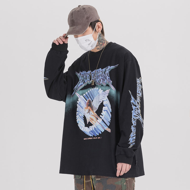 Spring Autumn Cotton Long Sleeve Tops Streetwear Men Clothing Printed Gothic Clothes 2022 Fashion Trending T Shirts Oversized