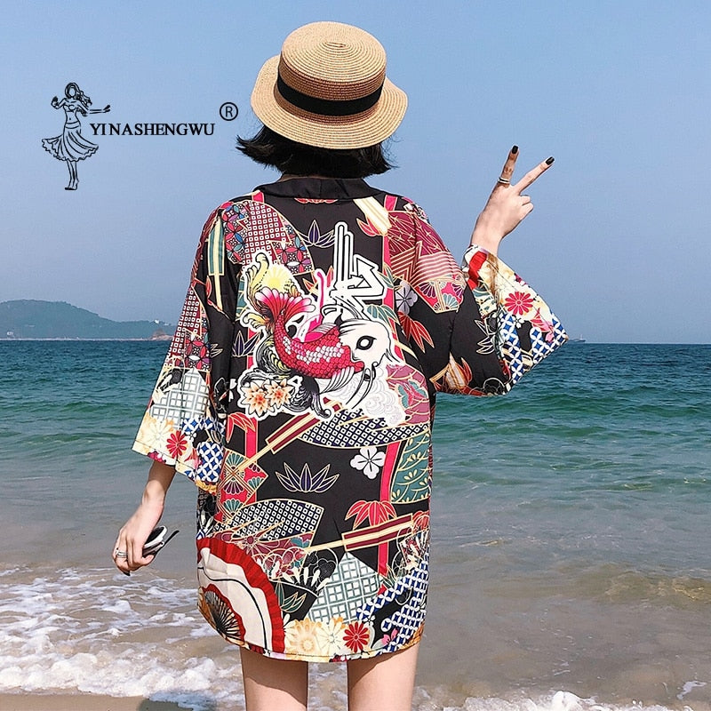 Yukata Frauen Kimono Cardigan Japan Kimonos Asien Kleidung Sommer Fischdruck Shirt Top Lässige Kimonos Kawaii Kimono Cosplay Kostüm