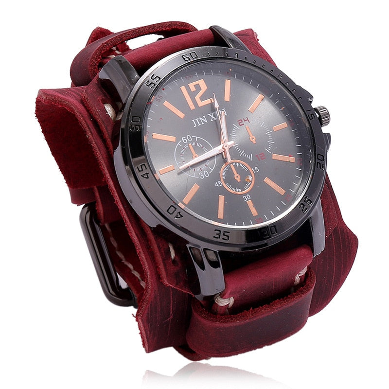 Mens Quartz Watches Jessingshow Luxury Wristwatch 2023 Cowhide Watchband Punk Style Watch for Men Wide Genuine Leather Bracelets