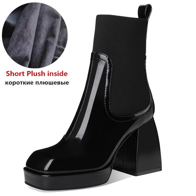 MORAZORA Nature Full Genuine Leather Chelsea Boots Womne Tacones altos gruesos Punta cuadrada Primavera Otoño Botines para mujer Botas