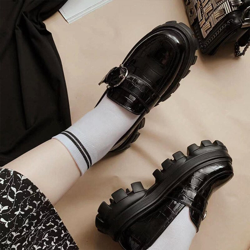 BeauToday Platform Shoes Women Patent Leather Flats Alligator Pattern Round Toe Buckle Decoration Ladies Slip On Handmade 27738