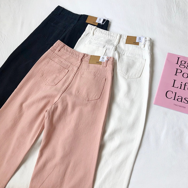 Herbst-Rosa-Frauen-Boyfriend-Jeans-hohe Taillen-Baumwollschwarz-weiße koreanische Art-weibliche Denim-Hosen-Jeans mit weitem Bein