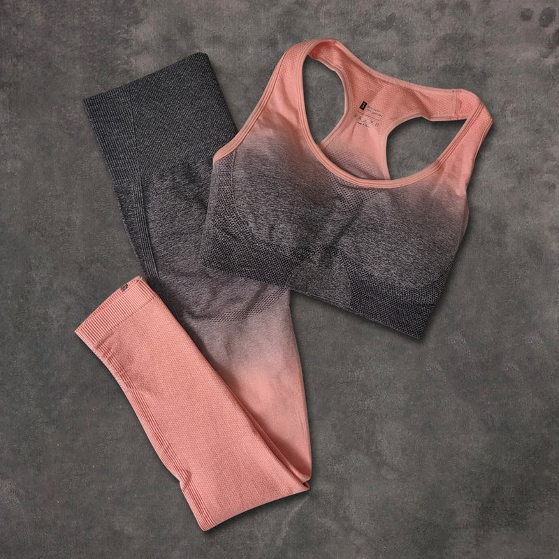 Sport-Outfit für Frauen, Fitnessstudio, Yoga-Set, Fitnesskleidung, Ombre, nahtlos, Sportleggings + Sport-BH, 2-teilig, Laufsportbekleidung