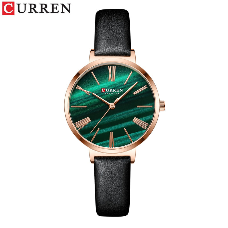 CURREN Mode-Luxusuhren für Frauen Malachit-Grün-Quarz-Kleid-Armband-Armbanduhr mit weiblicher Uhr aus Leder