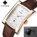 WWOOR Brand Classic Fashion Mens Rectangle Watches Male Gold Brown Leather Quartz Waterproof Wrist Watch For Men Calendar Clocks