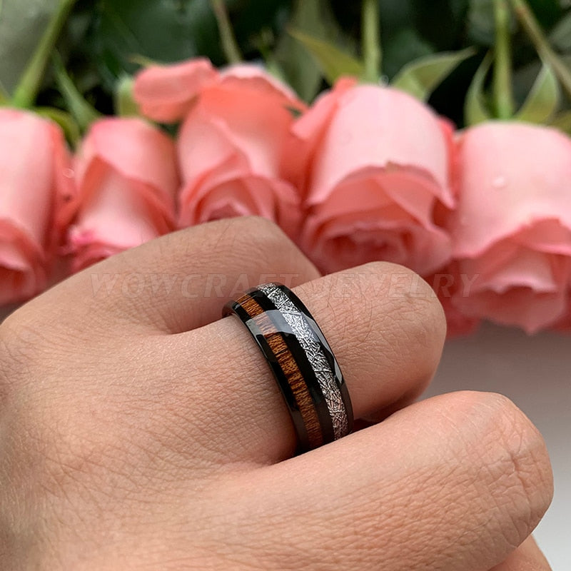 Rose Gold/Black 8mm Wedding Bands Tungsten Carbide Rings for Men Women Domed Koa Wood Meteorite Inlay Polished Shiny Comfort Fit