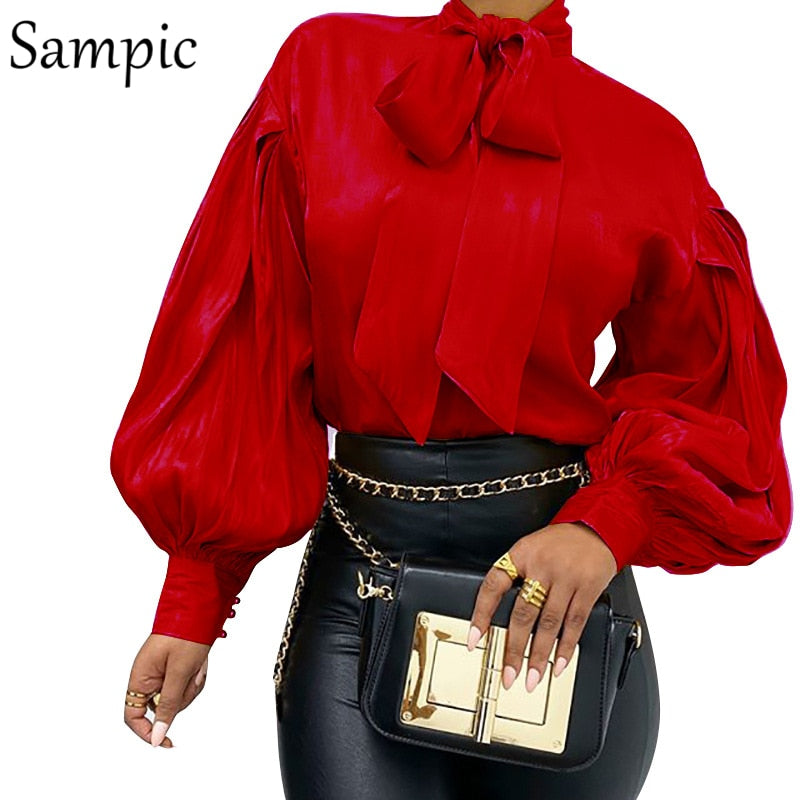 Sampic Mujer Moda Mujer Casual Oficina Cuello alto Blusa de satén Camisa Roja Vintage Blusa de manga larga Tops Primavera