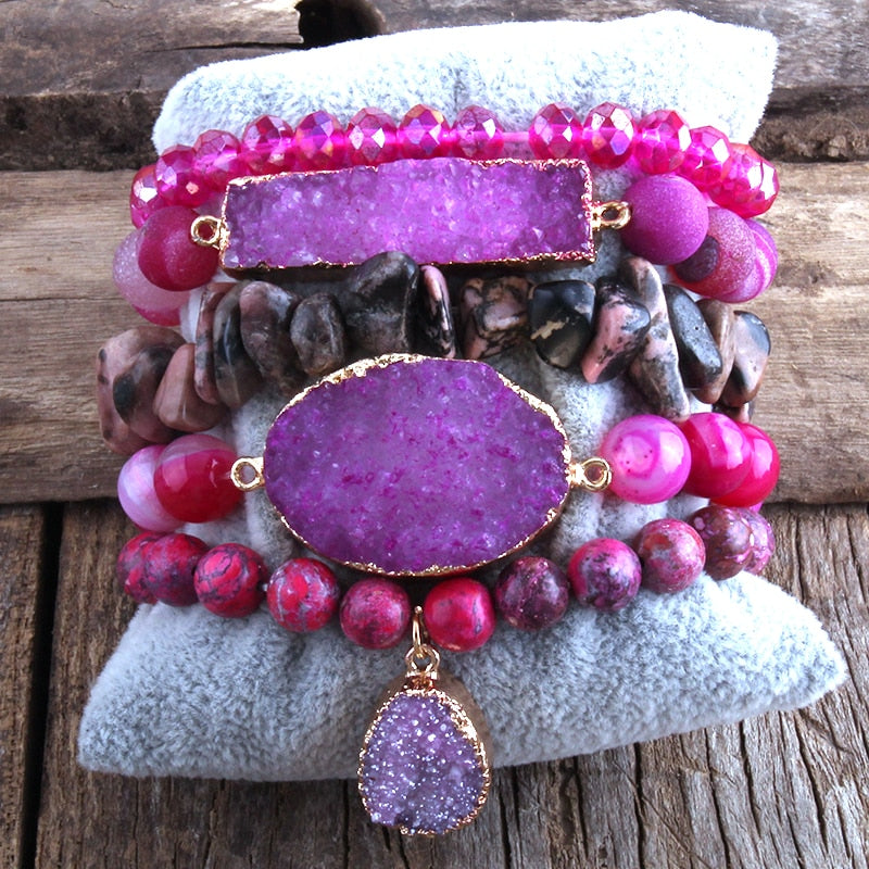 RH Fashion Designer Boho Druzy Stones Beaded Bracelet Natural Stone Druzy Charms 5pc Bracelets Sets For Women Gift DropShip