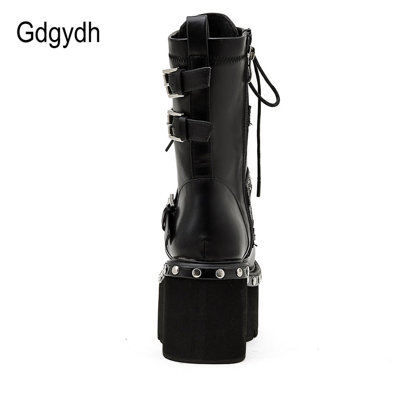 Gdgydh 2022 Spring Lace-Up Motorcycle Boots for Women Round Toe Thick Platform High Heels Female Ankle Boots Gothic Style Shoes