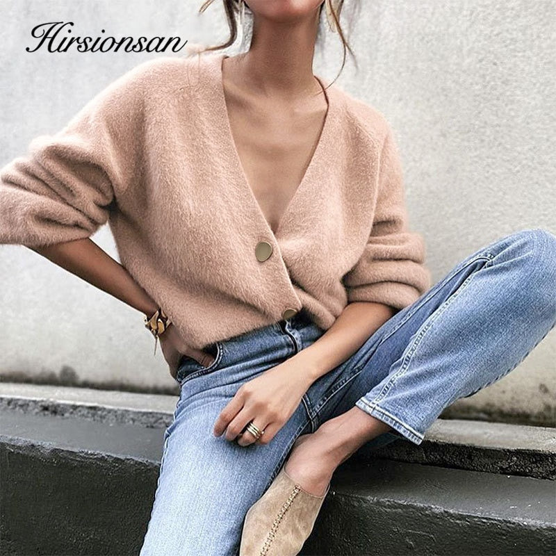 Hirsionsan Elegant Long Sleeve Mohair Sweater Women 2020 New Single-Breasted Female Short Cardigan Soft Flexible Knitted Outwear