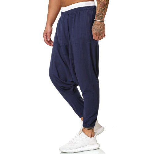 2022 Men Linen Cross-Pants Mens Baggy Harem Pants Men Solid Black Trousers Male HipHop Joggers Man Streetwear  Wide Legs Pants