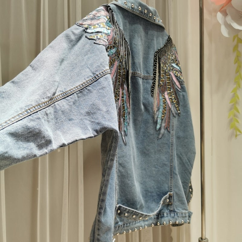 Rivet Wings Punk Coats Damen Casual Bestickte Jeansjacke 2021 Sprint Short Denim Coat Jacken für Damen Langarm