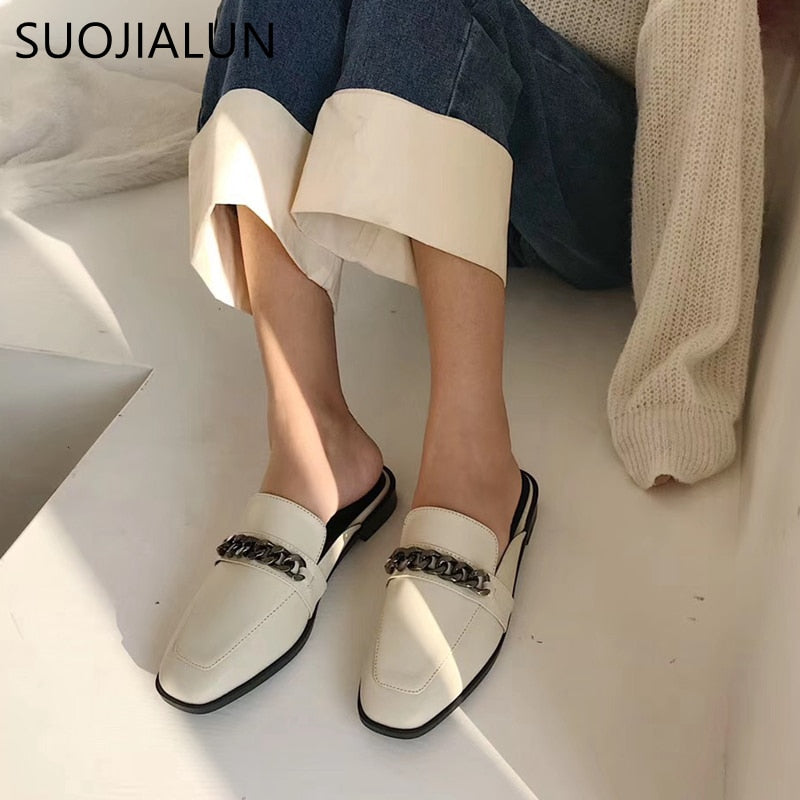 SUOJIALUN Luxury Design Slip On Outside Mules Slippers Brand Chain British Sandal Shoes Flat Round Toe Slides Big Size 41