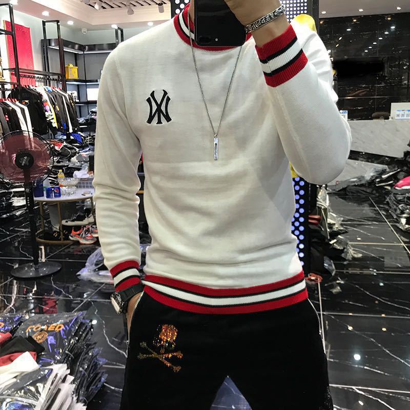 2020 New Arrival Top Fashion Sale Men Sweater O-neck Pullovers Appliques Brand Clothing Embroidered Net Red Warm Knitted