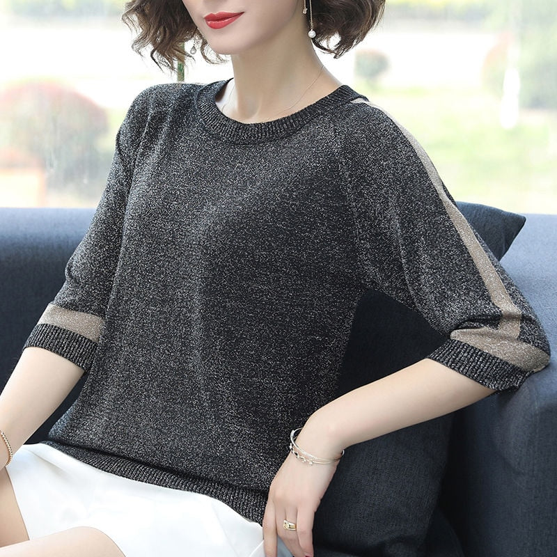 Women Spring Autumn Style Pullover Sweater Lady Casual V-Neck Half Sleeve Loose Knitted Pullover Tops Sweater ZZ0244