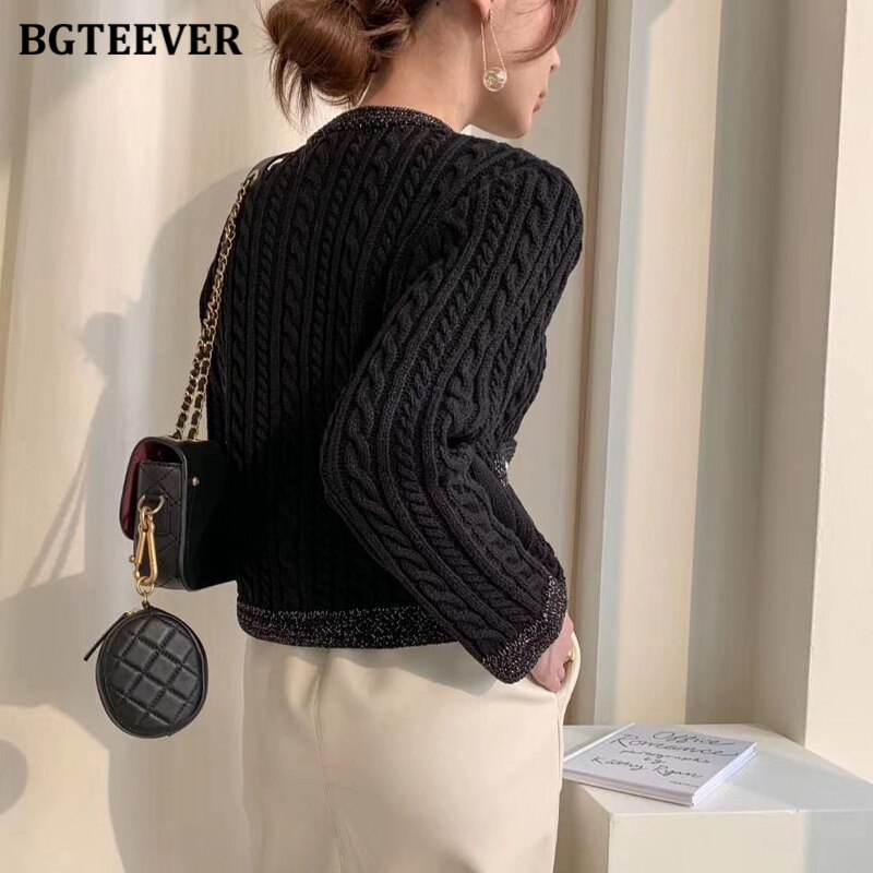 BGTEEVER Elegant Women O-neck Knitted Cardigans Single-breasted Slim Twisted Sweater Female 2020 Autumn O-neck Outwear Tops