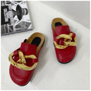 SUOJIALUN, nuevo diseño de marca, zapatillas de mujer con cadena dorada, zapatos de punta cerrada sin cordones, zapatos de punta redonda, tacones bajos, chanclas informales deslizantes