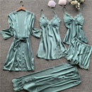 Stain Lace Women Pajama Set 5 Pieces Set Pajamas V Lead With Chest Pad Spaghetti Strap Set Pijama