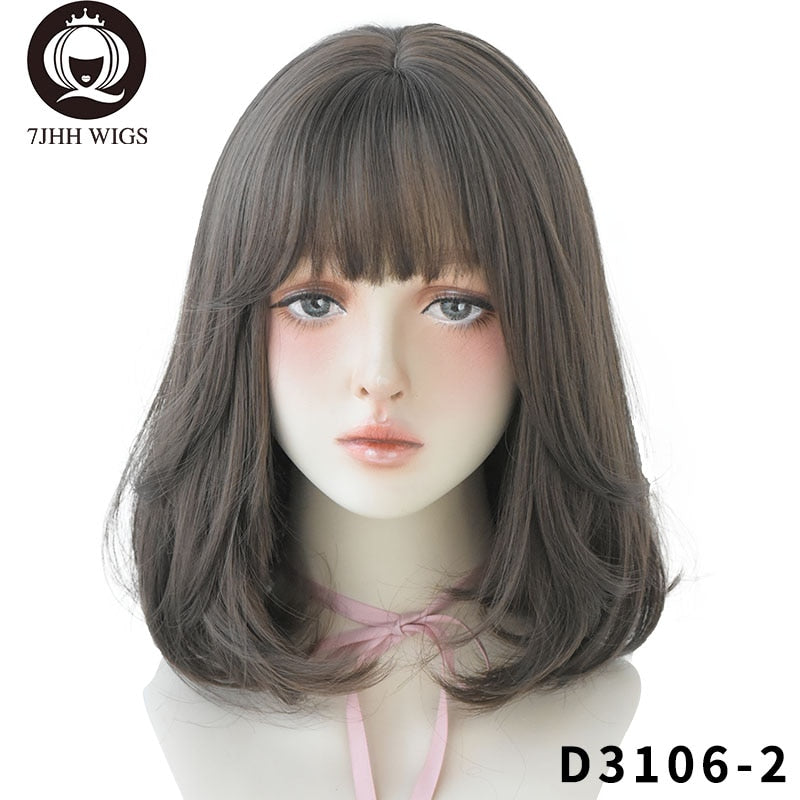 7JHH WIGS Natürliche, bequeme, synthetische Perücke für Frauen, schwarze Schulter, glattes Haar, 35,6 cm, modische Frisur-Perücke
