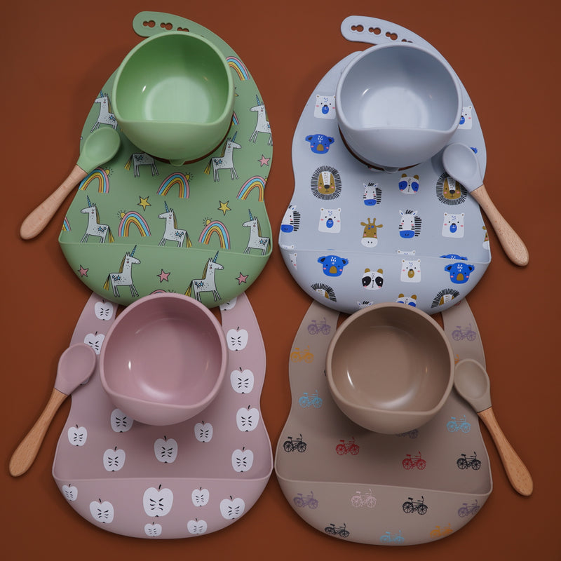 Colorful Silicone Spoon With Wooden Handle Hot Selling Baby sucker Bowl Waterproof Adjustable Baby Bibs Print Saliva Towel.