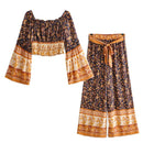 Nuevo bohemio fruncido elástico Slash cuello estampado floral pulóver camisa marrón 2019 mujeres marea arco cintura elástica pantalones 2 piezas conjunto