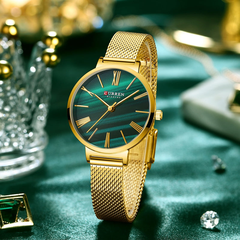 Relojes de lujo de moda CURREN para mujer, reloj de pulsera de cuarzo verde malaquita con reloj de cuero para mujer