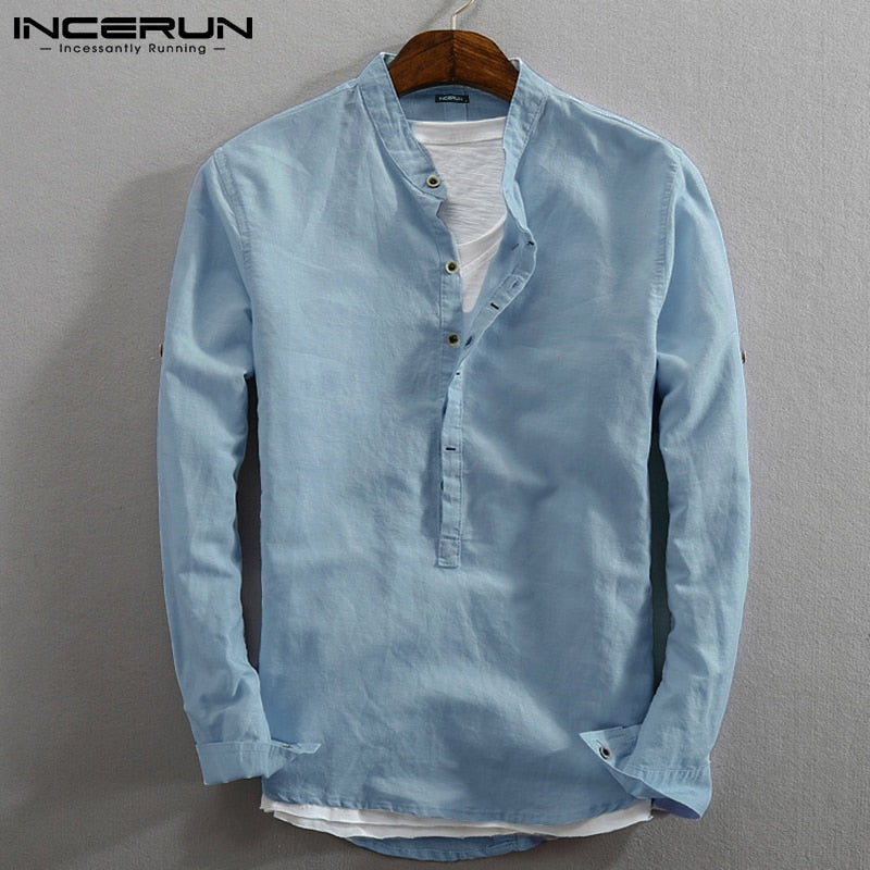 INCERUN Vintage Men Casual Shirt Long Sleeve Cotton Linen Stand Collar Solid Business Streetwear Henley Shirts Men Harajuku 2022