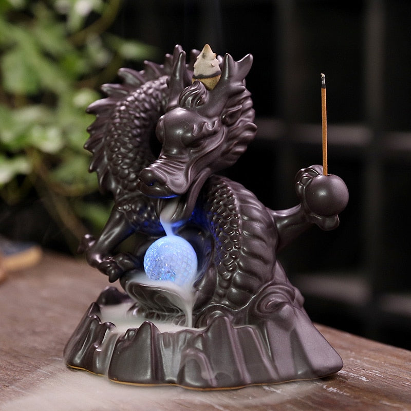 Home Decor 7-Color Change Incense Burner Handmade Ceramic Dragon Backflow Incense Burner Creative Smoke Waterfall Incense Holder