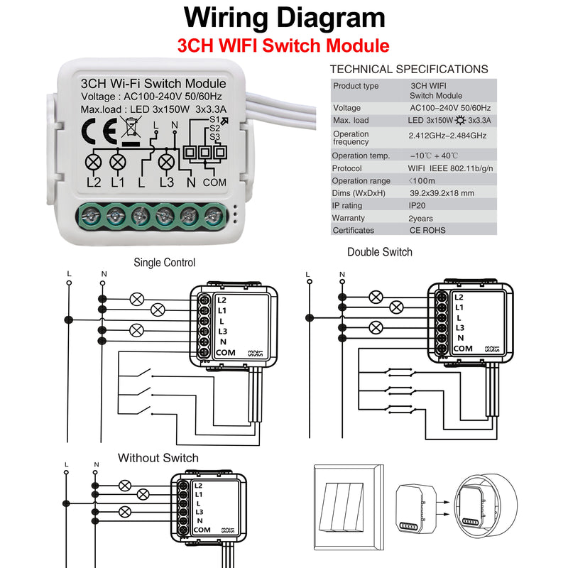 Tuya Wifi Smart Light Switch Module Supports 2 Way Control, App Remote Control DIY Breaker 100-240V, Work with Alexa Google Home