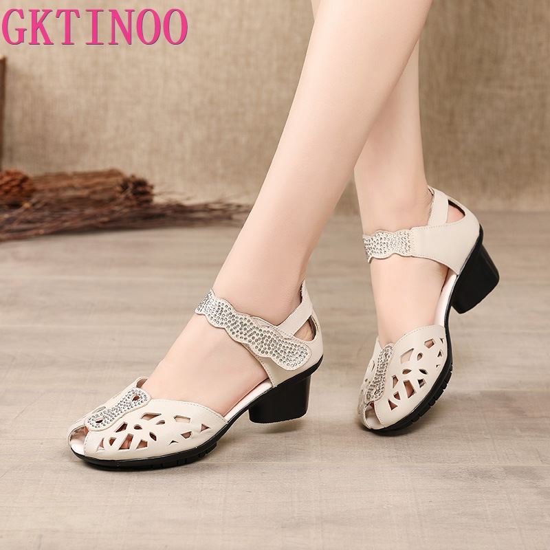 GKTINOO 2022 Summer Genuine Leather Shoes Gladiator Sandals Women 5cm High Heels Classic Black Peep Toe Hollow Ladies Sandals