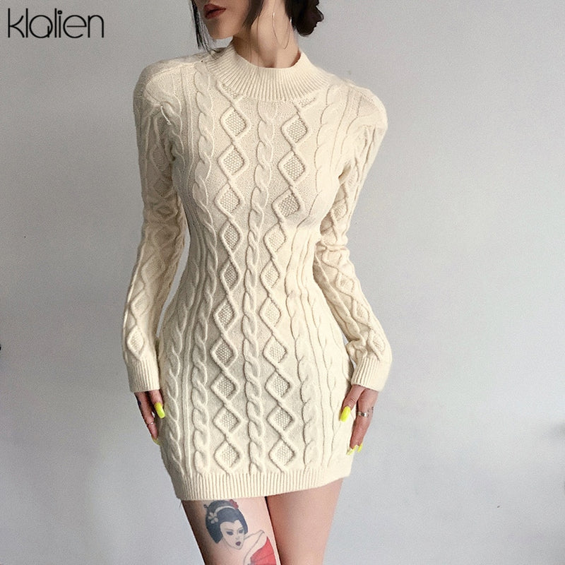 KLALIEN Einfache Solide Langarm Rollkragenpullover Kleid Herbst Neue Frauen Warme Streetwear Slim Stretch Mini Bodycon Kleider
