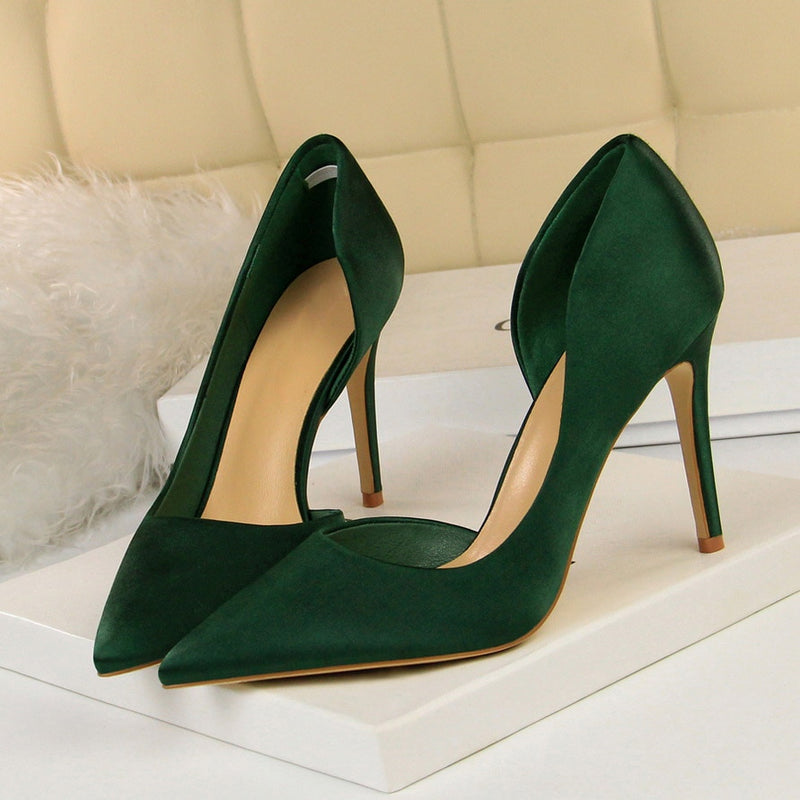 2023 Women 9.5cm High Heels Blue Pumps Satin Escarpins Luxury Stiletto Lady Shoes High Heels Scarpins Burgundy Green Prom Shoes