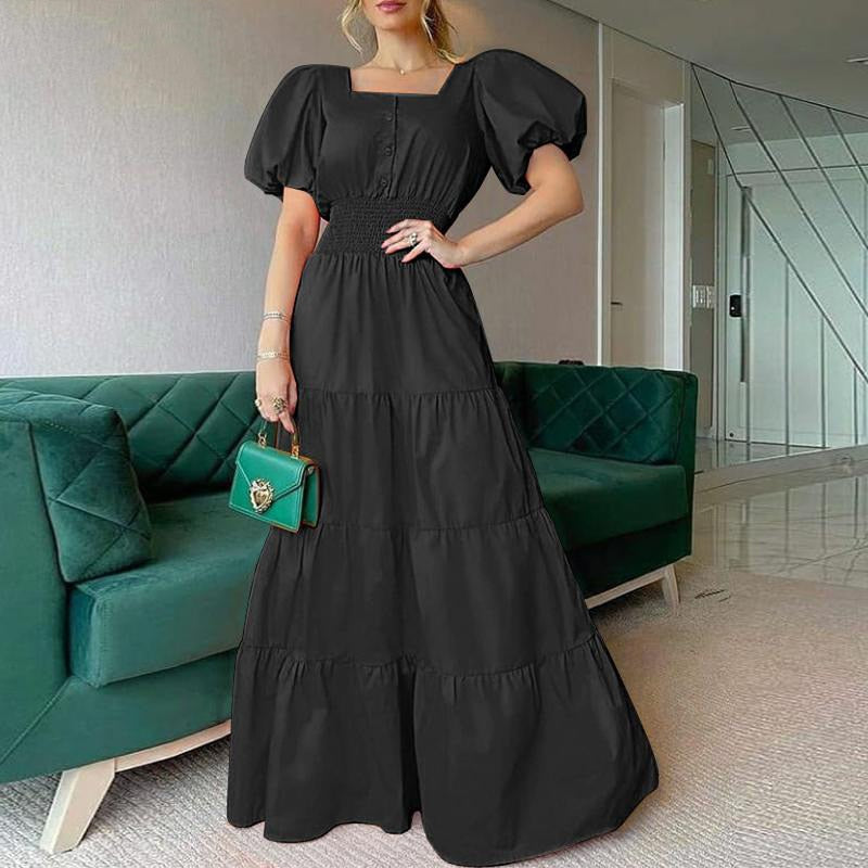 Summer Puff Shoulder Sexy Party Dress Spring Solid Button Long Shirt Dress Women Elegant Turn-down Collar Office Lady Maxi Dress