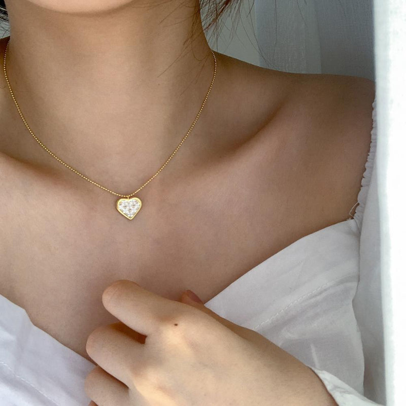 925 Sterling Silver Pavé Crystal Heart Pendant 14k Gold Plating Clavicle Chain Necklace Women Exquisite Simple  Jewelry Gift