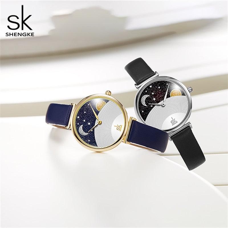 Reloj Shengke de moda azul para mujer, reloj de cuarzo de cuero para mujer, reloj de pulsera informal resistente al agua, esfera romántica con luna y estrellas