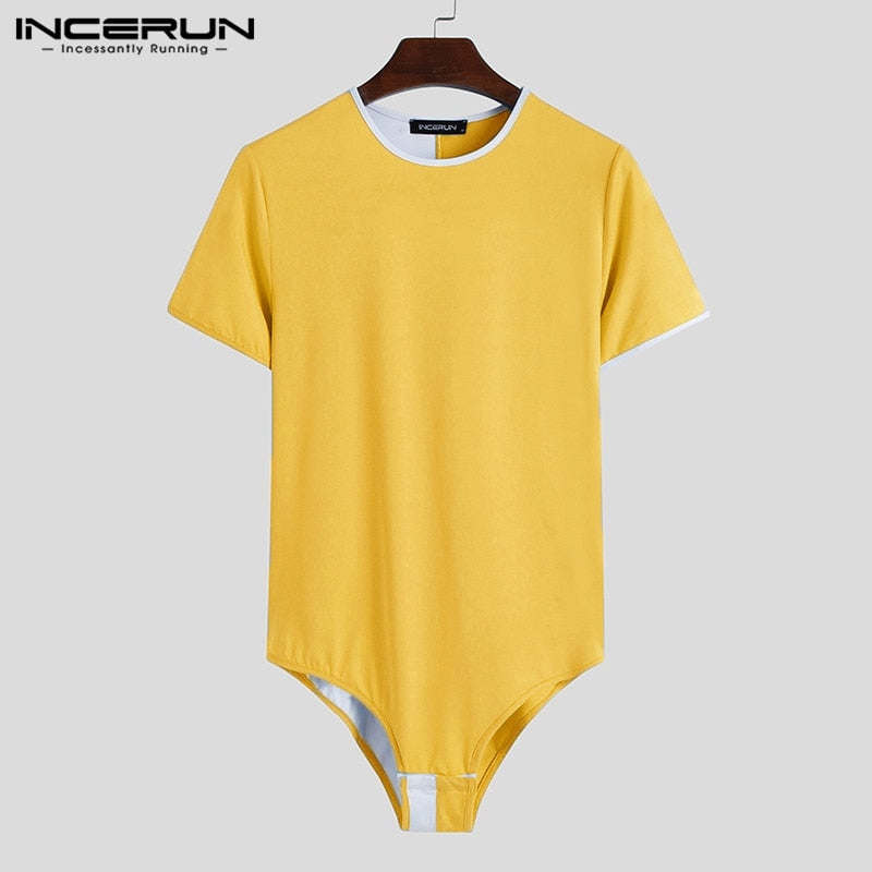 Fashion Fitness T-Shirt INCERUN Men Bodysuit T Shirts Short Sleeve Round Neck Romper Tee Tops Man Patchwork Skinny Camisetas 5XL