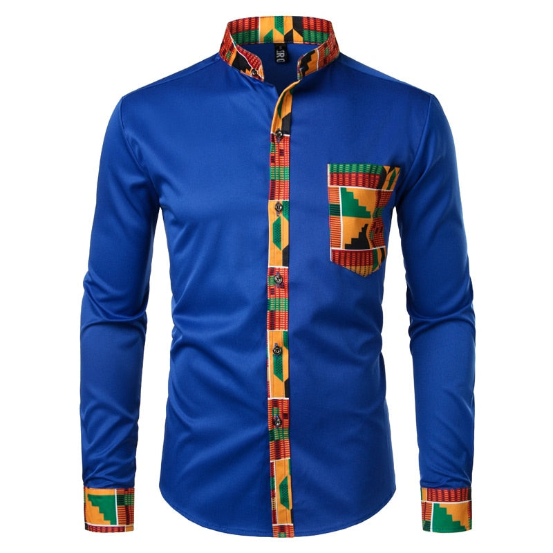 Dashiki African Herrenhemd Patchwork Pocket Africaine Print Shirt Herren Ankara Style Langarm Design Kragen Herrenhemden