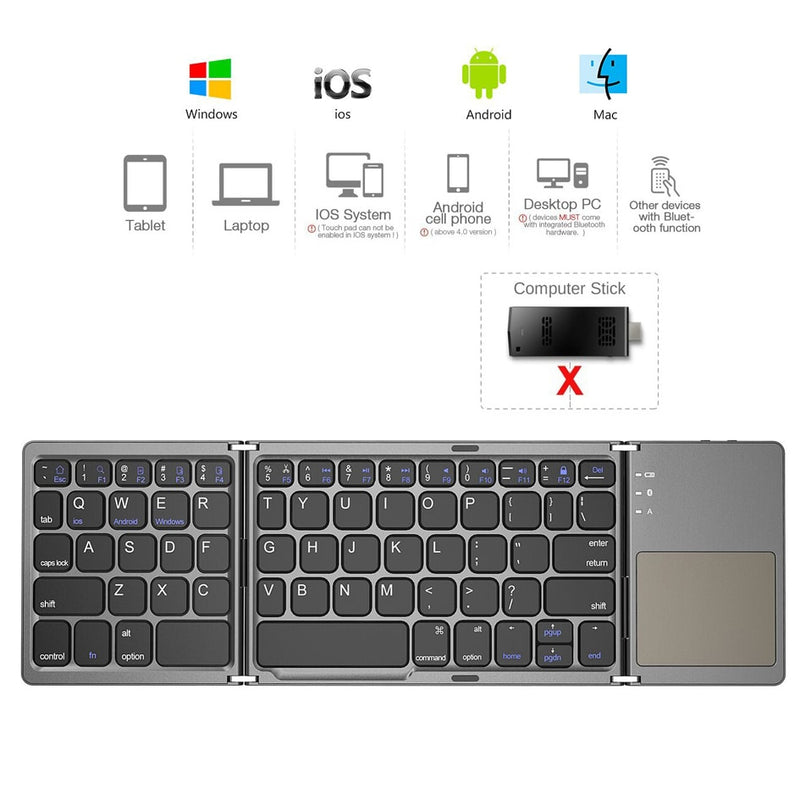 AVATTO Russisch/Spanisch/Englisch B033 Mini-Klapptastatur, kabellose Bluetooth-Tastatur mit Touchpad für Windows, Android, IOS