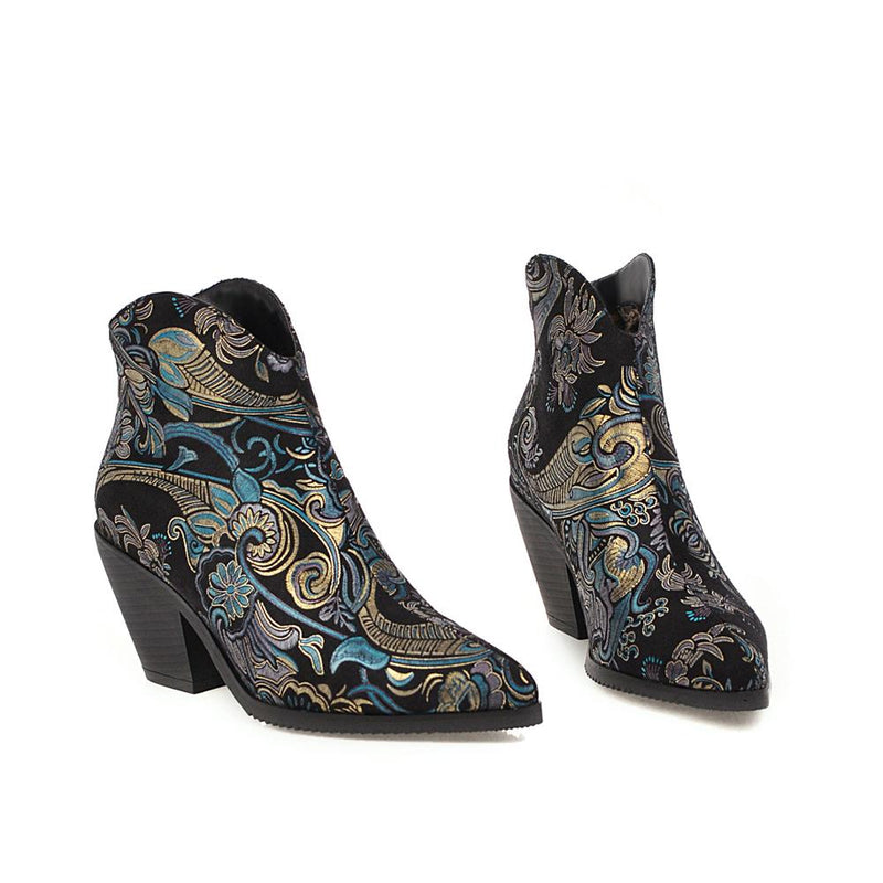 Classic Embroidered PU Leather Cowboy Ankle Boots for Women Wedge High Heel Boots Snake Print Western Cowgirl Boots 2019 Autumn