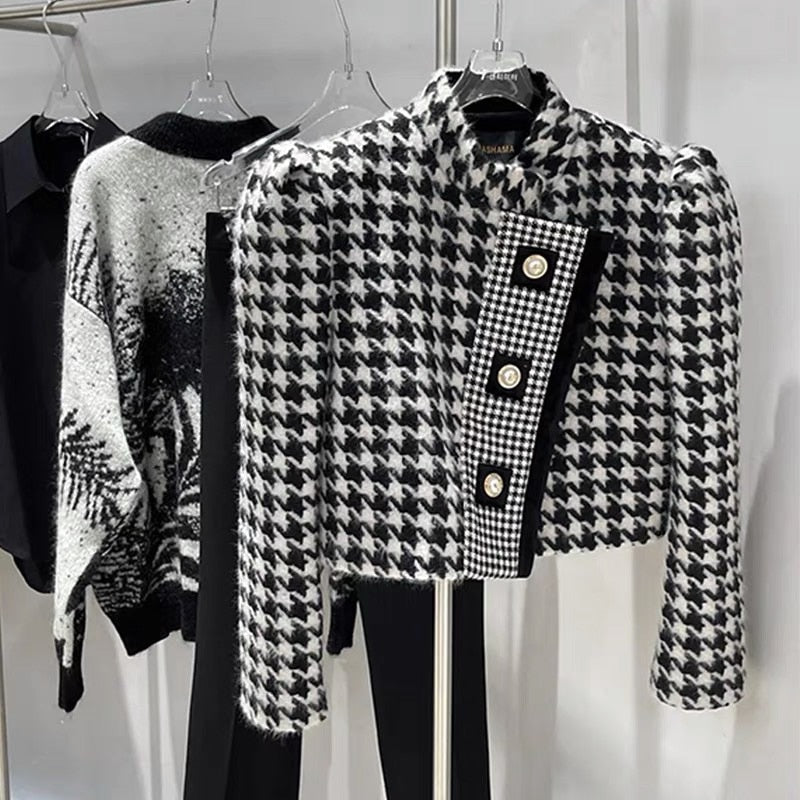 Luxus Marke Tweed Thousand Bird Gitter Mantel Damen Elegant 2021 Herbst Winter Neue Mode Freizeit Kurze Wolljacke Weiblich