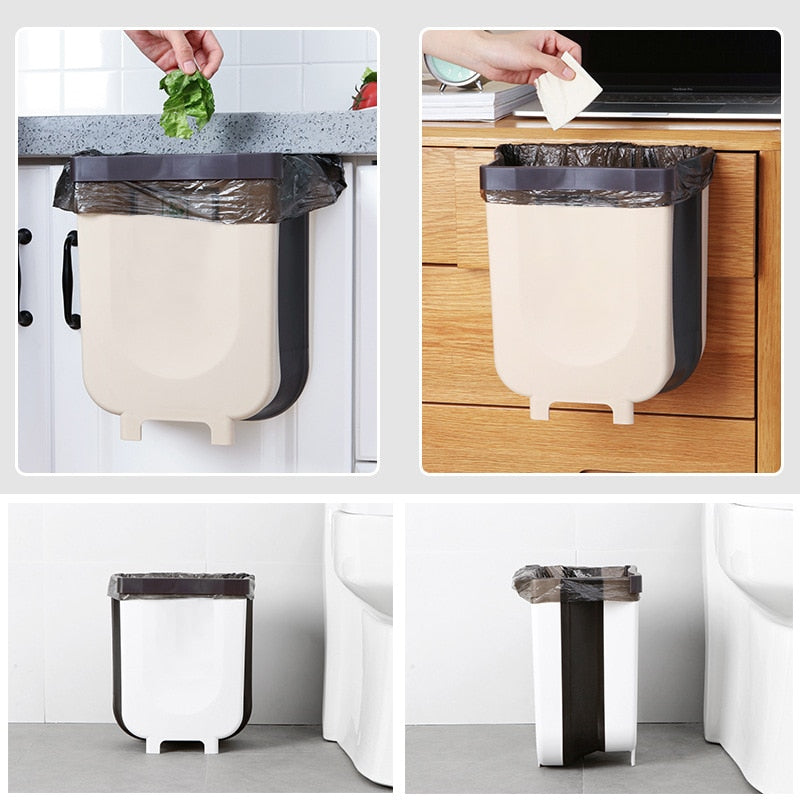 9L Wall Mounted Folding Waste Bin Kitchen Cabinet Door Hanging Trash Bin Car Garbage Trash Can for Bathroom Toilet Waste Storage