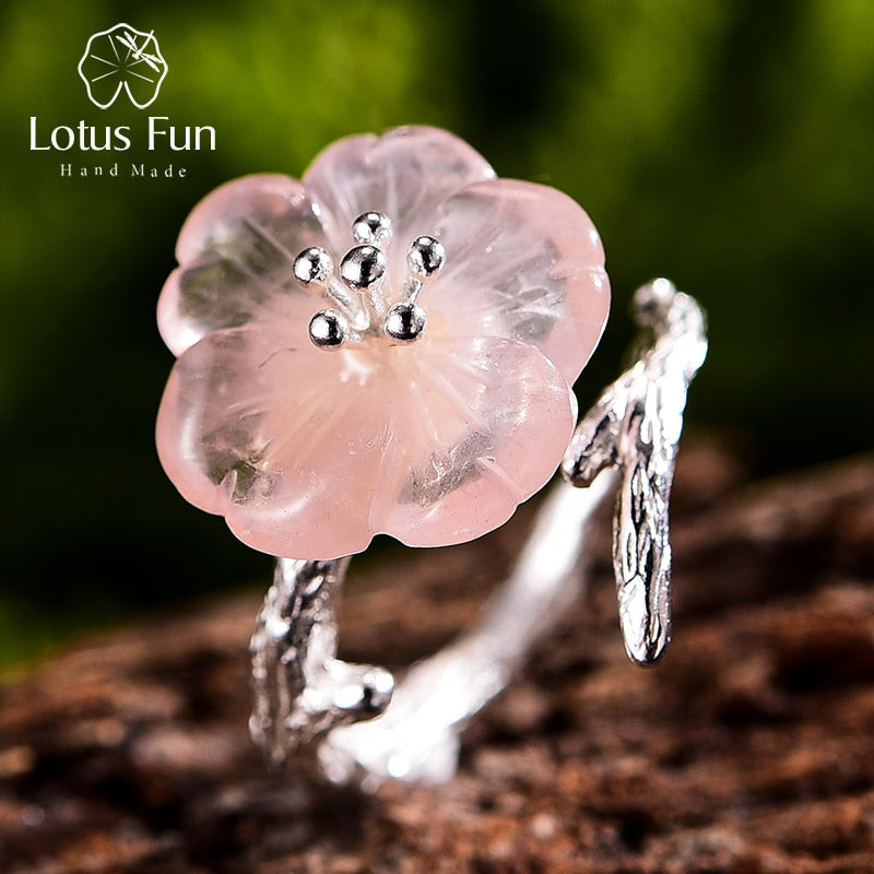 Lotus Fun, Plata de Ley 925 auténtica, piedras preciosas naturales, joyería fina, flor bonita bajo la lluvia, anillo, anillos abiertos para mujer, accesorios