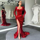 BoozRey Women Elegant Gown Long Dress Evening Club Outfits Women Gloves Sleeve Velvet Sexy Slit Maxi Dresses Bridesmaid Dresses