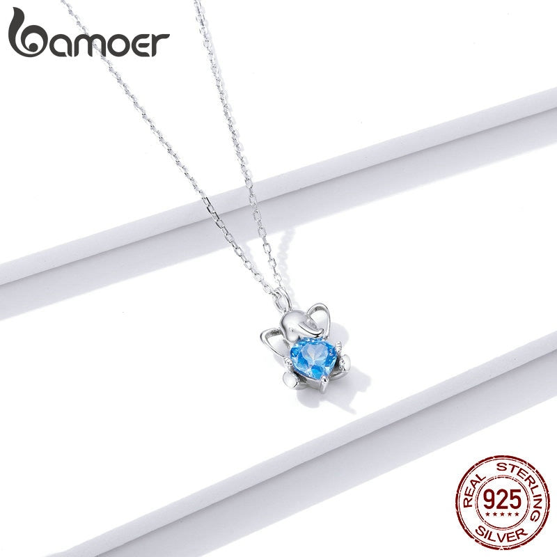 bamoer Ocean Blue Heart CZ Elephant Pendant Necklace for Women 925 Sterling Silver Luxury Animal Silver Jewelry Collar BSN180