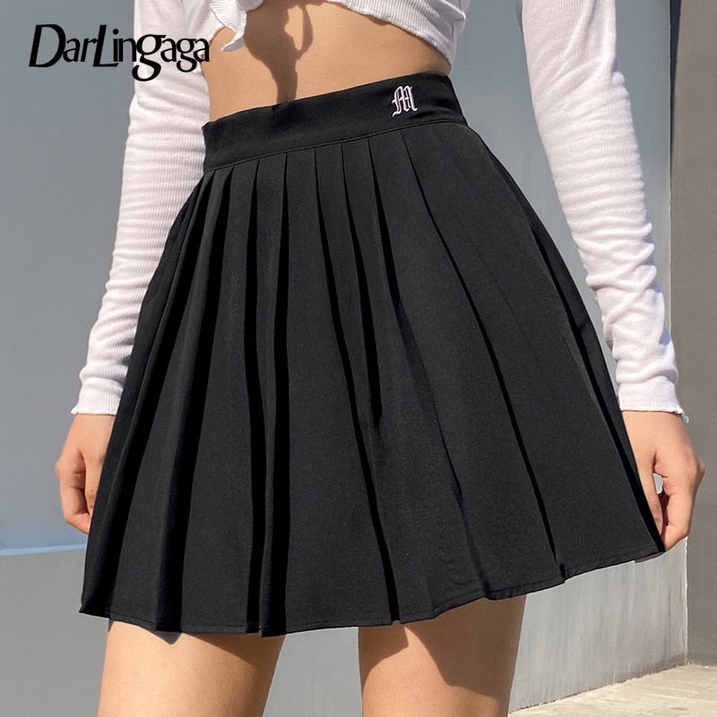 Darlingaga Casual White Letter Embroidery High Waist Woman Skirts Summer Fashion Pleated Skirt Short 2022 Girls Mini Skirt