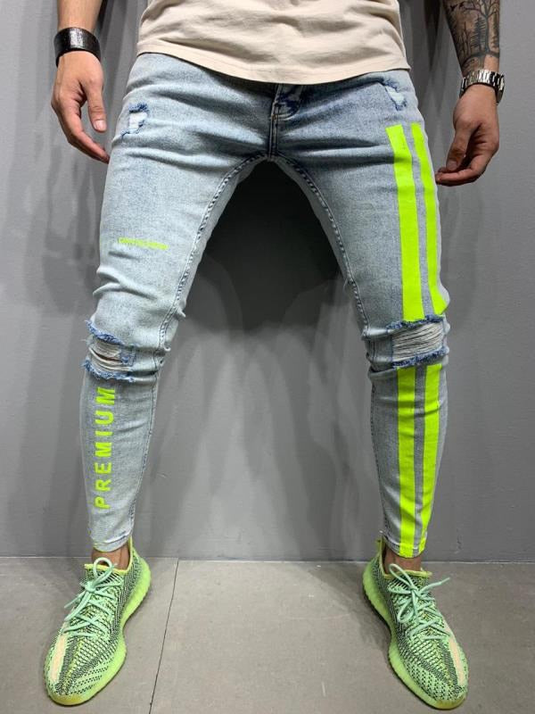 Letter printing Ripped Pencil Jeans Men Skinny Biker Side Striped Jeans Destroyed Hole Hip Hop Slim Fit Jean Men&