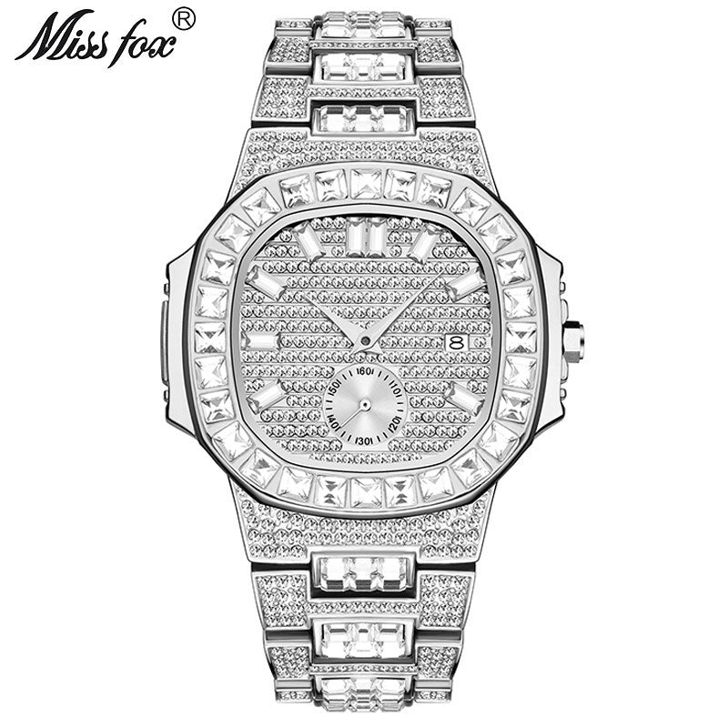 MISSFOX Iced Out Uhren Herren Top-Marke Luxusuhr Herren Volldiamant Quarzuhr Bling Bling Hiphop Hot Rapper Schmuckuhr