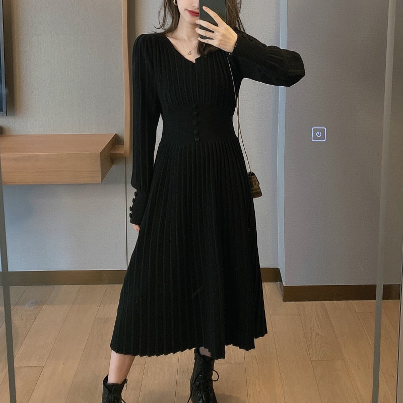 Strickkleid Frauen Casual Langarm Vintage Elegant Büro Pullover Kleid Weiblich 2021 Herbst Einteiliges Kleid Koreanische Oberbekleidung