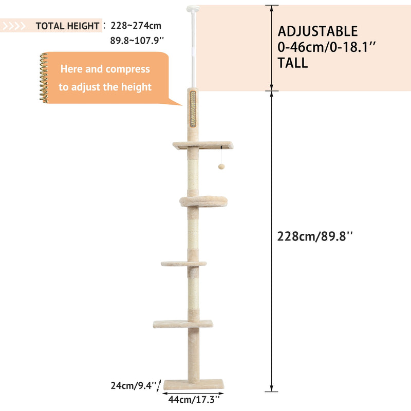 Four Tier Floor-to-Ceiling Cat Tree + Scratching Post Toy- 94.5-102.4 in Modern Cat Climbing Tower with a Scratcher Beige